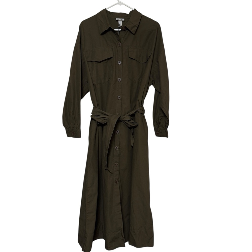 Tie-Waist Midi Shirt Dress in Olive Green - Picture 2 of 7